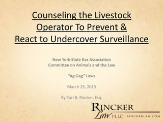 Counseling the Livestock
Operator To Prevent &
React to Undercover Surveillance
New York State Bar Association
Committee on Animals and the Law
“Ag Gag” Laws
March 25, 2015
By Cari B. Rincker, Esq.
 