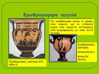 Ερυθρόμορφα αγγεία
Ερυθρόμορφος κρατήρας 470-
460π.Χ.
Στα ερυθρόμορφα αγγεία οι μορφές
είναι κόκκινες και το υπόλοιπο
αγγείο είναι μαύρο.Οι λεπτομέρειες
είναι ζωγραφισμένες με πολύ λεπτό
πινελάκι.
Eρυθρόμορφος
κρατήρας.
Απεικονίζεται ο
φτερωτός
έρωτας.
 