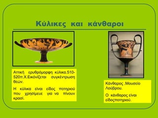 Κύλικες και κάνθαροι
Αττική ερυθρόμορφη κύλικα.510-
520π.Χ.Εικόνίζεται συγκέντρωση
θεών.
Η κύλικα είναι είδος ποτηριού
που χρησίμευε για να πίνουν
κρασί.
Κάνθαρος .Μουσείο
Λούβρου.
Ο κάνθαρος είναι
είδοςποτηριού.
 
