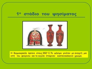 1ο στάδιο του ψησίματος
Η θερμοκρασία έφτανε στους 950ο C.Το ψήσιμο γινόταν με ανοιχτή μια
οπή του φούρνου και τα αγγεία έπαιρναν καστανοκόκκινο χρώμα.
 
