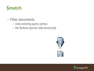 $match 
• Filter documents 
– Uses existing query syntax 
– No $where (server side Javascript) 
 