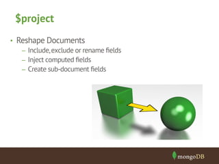$project 
• Reshape Documents 
– Include, exclude or rename fields 
– Inject computed fields 
– Create sub-document fields 
 