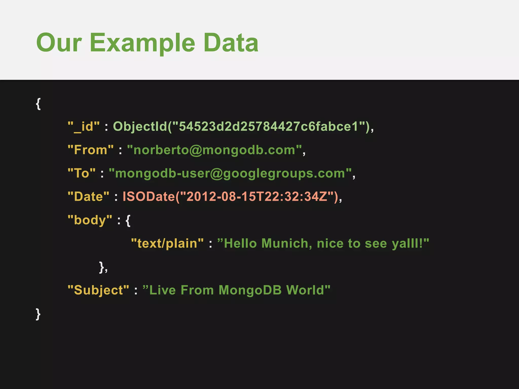 {
"_id" : ObjectId("54523d2d25784427c6fabce1"),
"From" : "norberto@mongodb.com",
"To" : "mongodb-user@googlegroups.com",
"Date" : ISODate("2012-08-15T22:32:34Z"),
"body" : {
"text/plain" : ”Hello Munich, nice to see yalll!"
},
"Subject" : ”Live From MongoDB World"
}
Our Example Data
 