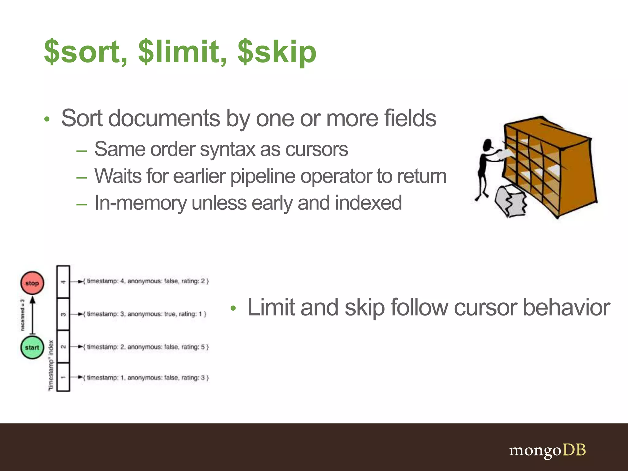 $sort, $limit, $skip
• Sort documents by one or more fields
– Same order syntax as cursors
– Waits for earlier pipeline operator to return
– In-memory unless early and indexed
• Limit and skip follow cursor behavior
 