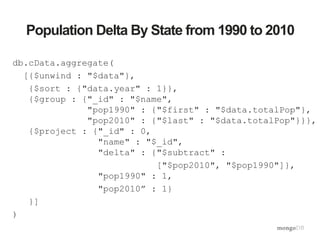 Population Delta By State from 1990 to 2010
db.cData.aggregate(
[{$unwind : "$data"},
{$sort : {"data.year" : 1}},
{$group : {"_id" : "$name",
"pop1990" : {"$first" : "$data.totalPop"},
"pop2010" : {"$last" : "$data.totalPop"}}},
{$project : {"_id" : 0,
"name" : "$_id",
"delta" : {"$subtract" :
["$pop2010", "$pop1990"]},
"pop1990" : 1,
"pop2010” : 1}
}]
)
 