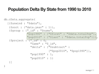 Population Delta By State from 1990 to 2010
db.cData.aggregate(
[{$unwind : "$data"},
{$sort : {"data.year" : 1}},
{$group : {"_id" : "$name",
"pop1990" : {"$first" : "$data.totalPop"},
"pop2010" : {"$last" : "$data.totalPop"}}},
{$project : {"_id" : 0,
"name" : "$_id",
"delta" : {"$subtract" :
["$pop2010", "$pop1990"]},
"pop1990" : 1,
"pop2010” : 1}
}]
)
 