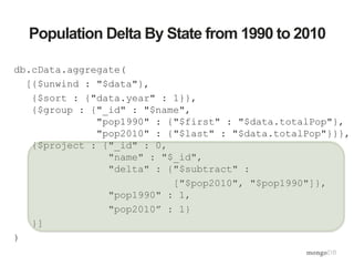Population Delta By State from 1990 to 2010
db.cData.aggregate(
[{$unwind : "$data"},
{$sort : {"data.year" : 1}},
{$group : {"_id" : "$name",
"pop1990" : {"$first" : "$data.totalPop"},
"pop2010" : {"$last" : "$data.totalPop"}}},
{$project : {"_id" : 0,
"name" : "$_id",
"delta" : {"$subtract" :
["$pop2010", "$pop1990"]},
"pop1990" : 1,
"pop2010” : 1}
}]
)
 