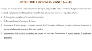 RISTRUTTUR. E RICONVERS. VIGNETI (art.46)
Sostegno alla ristrutturazione e alla riconversione dei vigneti, che potrebbe inoltre contribuire al miglioramento dei sistemi
avanzati di produzione sostenibile edell'impronta ambientale del settore vitivinicolo, può riguardare soltanto:
a) la riconversione varietale, anche mediante sovrainnesto;
b) la diversa collocazione/reimpianto di vigneti;
c) il reimpianto di vigneti quando è necessario a seguito di un'estirpazione obbligatoria per ragioni sanitarie o fitosanitarie su
decisione dell'autorità competente dello Stato membro;
d) miglioramenti delle tecniche di gestione dei vigneti, in particolare l'introduzione di sistemi avanzati di produzione
sostenibile;
 