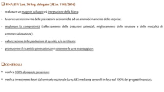  FINALITA’ (art.36 Reg. delegato (UE)n. 1149/2016)
- realizzareunmaggior sviluppo ed integrazione della filiera;
- favorire un incremento delle prestazioni economicheed unammodernamento delle imprese;
- migliorare la competitività (rafforzamento delle dotazioni aziendali, miglioramento delle strutture e delle modalità di
commercializzazione);
- valorizzazionedelle produzioni di qualità, e/o certificate;
- promuovere il ricambio generazionaleesostenere le areesvantaggiate;
• verifica 100% domande presentate;
• verifica investimenti fuori dal territorio nazionale (area UE) mediante controlli in loco sul 100% dei progetti finanziati;
CONTROLLI
 