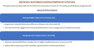 SISTEMAAUTORIZZAZIONIIMPIANTIVITICOLI
Principale novità introdotta dalla riforma OCM Unica nel settore vino (artt. 62-72), finalizzata all’abolizione progressiva del
regimedeidiritti diimpianto
DISEQUILIBRIOMERCATOVITIVINICOLO
• progressiva e notevole diminuzione delle aree coltivate a vite nel territorio UE;
• ritiro dal mercato dei soggetti meno strutturati (eliminazione misure sostegno prive di vitalità economica);
INCREMENTOCOMPETITIVITA’SETTORE
• riduzione capacitàdell’offerta a sostegno di una migliore qualità (attenzione mercati extra UE);
• politica offerta espansiva purché controllata e gestita (rischio eccedenza produttiva);
 
