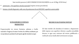 Stati membri possono («MECCANISMO DISALVAGUARDIA» exart.63Reg.OCMUnica)
• autorizzare < 1% superficie viticola nazionale (rispetto annata precedente);
• limitare a livello Regionale, nelle zonedi produzione di vini DOP/IGP, superficie autorizzabile;
SCONGIURAREECCEDENZA
PRODUTTIVA
Proporzionalità tra misura limitativa adottata a livello
nazionale e l'esigenza di evitare il rischio di un'offerta esorbitante, per
nonpenalizzareiproduttorilocalirispettoaglialtriviticoltorieuropei
RISCHIOSVALUTAZIONEDOP/IGP
Gli Stati membri che decidono di mettere a disposizione
delle imprese una superficie inferiore a quella concedibile
devono, in ogni caso, motivare tali misure, pubblicarle e
notificarle senza ritardo alla Commissione europea
 