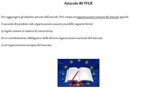 Articolo40 TFUE
Perraggiungere gli obiettivi previsti dall'articolo 39ècreata un'organizzazione comunedei mercati agricoli.
A seconda dei prodotti, tale organizzazione assume una delle seguenti forme:
a)regolecomuni in materia di concorrenza;
b)un coordinamento obbligatorio delle diverseorganizzazioni nazionali del mercato;
c)un'organizzazione europea del mercato;
 