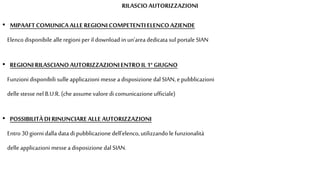 • MIPAAFTCOMUNICAALLE REGIONI COMPETENTIELENCO AZIENDE
Elencodisponibile alle regioni peril download in un'area dedicata sul portale SIAN
• REGIONI RILASCIANOAUTORIZZAZIONIENTROIL 1° GIUGNO
Funzioni disponibili sulle applicazioni messe a disposizione dal SIAN, epubblicazioni
delle stesse nel B.U.R.(cheassumevalore di comunicazioneufficiale)
• POSSIBILITÀDI RINUNCIAREALLE AUTORIZZAZIONI
Entro 30 giorni dalla data di pubblicazione dell'elenco, utilizzando lefunzionalità
delle applicazioni messea disposizione dal SIAN.
RILASCIO AUTORIZZAZIONI
 