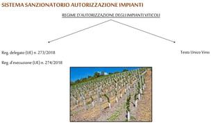 SISTEMASANZIONATORIO AUTORIZZAZIONE IMPIANTI
REGIME D’AUTORIZZAZIONE DEGLI IMPIANTI VITICOLI
Reg. delegato (UE) n. 273/2018
Reg. d’esecuzione (UE) n.274/2018
Testo Unico Vino
 