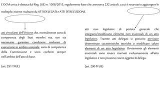 L’OCM unica è dettata dal Reg. (UE) n. 1308/2013, regolamento base che annovera 232 articoli, a cui è necessario aggiungere le
molteplici normerisultanti da ATTI DELEGATI eATTI D’ESECUZIONE.
atti non legislativi di portata generale che
integrano/modificano elementi non essenziali di un atto
legislativo. Tramite atti delegati si possono precisare
determinate caratteristiche tecniche o modificare taluni
elementi di un atto legislativo. Ovviamente gli elementi
essenziali sono invece riservati esclusivamente all’atto
legislativo enon possono essere oggetto didelega.
(art. 290 TFUE)
atti vincolanti dell’Unione che, normalmente sono di
competenza degli Stati membri ma, ove sia
necessario garantire condizioni uniformi di
esecuzione in ambito unionale, sono di competenza
della Commissione e sono conferiti sempre
nell’ambito dell’atto di base.
(art. 291 TFUE)
 
