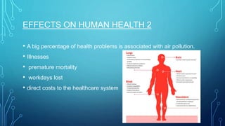 EFFECTS ON HUMAN HEALTH 2
• A big percentage of health problems is associated with air pollution.
• Illnesses
• premature mortality
• workdays lost
• direct costs to the healthcare system
 