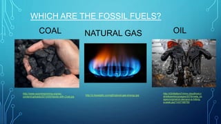 WHICH ARE THE FOSSIL FUELS?
COAL
http://www.wyomingmining.org/wp-
content/uploads/2013/05/Hands-with-Coal.jpg
NATURAL GAS
http://d3n8a8pro7vhmx.cloudfront.n
et/sitkawildorg/pages/2078/meta_im
ages/original/oil-demand-is-hitting-
a-peak.jpg?1437166755
OIL
http://s.hswstatic.com/gif/natural-gas-energy.jpg
 