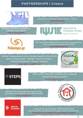 A space for civil society, offering learning
opportunities, professional support and networking  
http://www.socialdynamo.gr/index_en.html
 Network of organizations supporting
homeless and socially excluded people
www.astegoi.gr
 Non-profit initiative supporting homeless
people facing exclusion
www.steps.org.gr
Pan-Hellenic Federation of Social Cooperatives
with Limited Liability (Koi.S.P.E.)
www.pokoispe.gr
Institute of Mental Health for
Children and Adults
www.inpsy.gr/en/
 
Federation of Mental Health Actors  "ARGO"
www.argo.org.gr
Social Cooperatives with Limited Liability (Koi.S.P.E.)
Attica "Diadromes", Fokida "Yiannis Volikas",
Fthiotis"Anemoni", Thrace "Naftilos"
http://bit.ly/2BWcJuE
PARTNERSHIPS | Greece
17
 