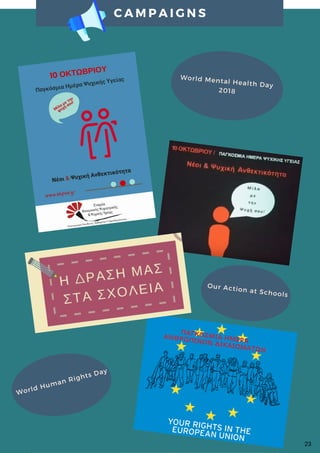 C A M P A I G N S
ΠΑΓΚΟΣΜΙΑ ΗΜΕΡΑ
ΑΝΘΡΩΠΙΝΩΝ ΔΙΚΑΙΩΜΑΤΩΝ
23
World Mental Health Day
2018
Our Action at Schools
World Human Rights Day
 