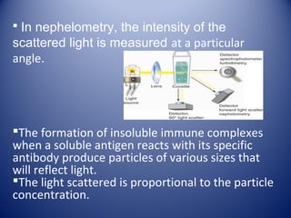  In nephelometry, the intensity of the 
scattered light is measured at a particular 
angle. 
The formation of insoluble immune complexes 
when a soluble antigen reacts with its specific 
antibody produce particles of various sizes that 
will reflect light. 
The light scattered is proportional to the particle 
concentration. 
 