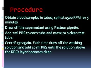 Obtain blood samples in tubes, spin at 1500 RPM for 5
minutes.
 Draw off the supernatant using Pasteur pipette.
 Add 2ml PBS to each tube and move to a clean test
tube.
 Centrifuge again. Each time draw off the washing
solution and add 10 ml PBS until the solution above
the RBCs layer becomes clear.
 