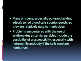  Many antigens, especially polysaccharides,
adsorb to red blood cells spontaneously, so
they are relatively easy to manipulate.
 Problems encountered with the use of
erythrocytes as carrier particles include the
possibility of crossreactivity, especially with
heterophile antibody if the cells used are
nonhuman.
 