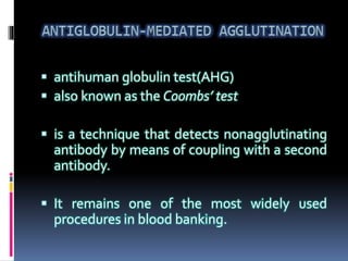  antihuman globulin test(AHG)
 also known as the Coombs’ test
 is a technique that detects nonagglutinating
antibody by means of coupling with a second
antibody.
 It remains one of the most widely used
procedures in blood banking.
 
