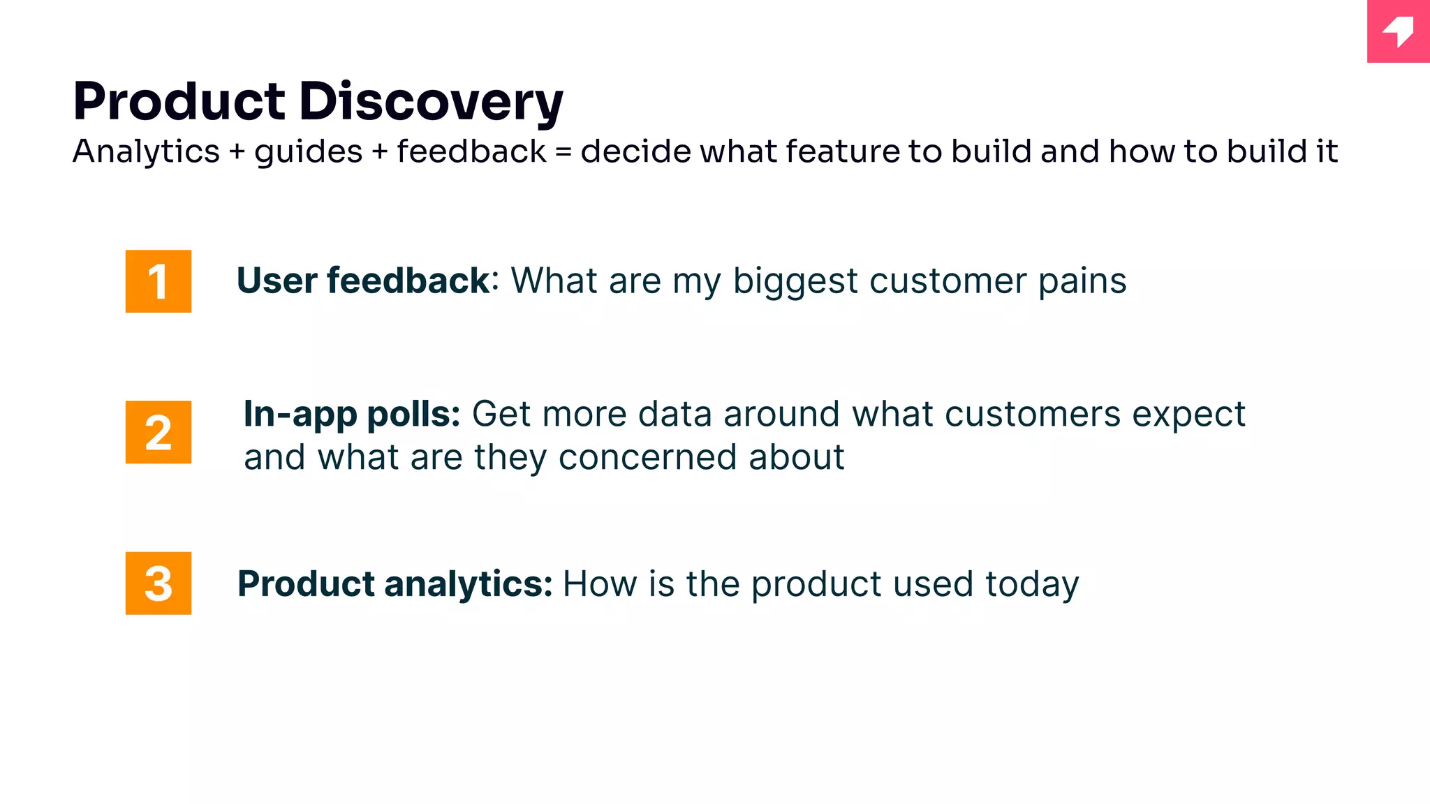 Product Discovery
Analytics + guides + feedback = decide what feature to build and how to build it
In-app polls: Get more data around what customers expect
and what are they concerned about
1
2
3 Product analytics: How is the product used today
User feedback: What are my biggest customer pains
 