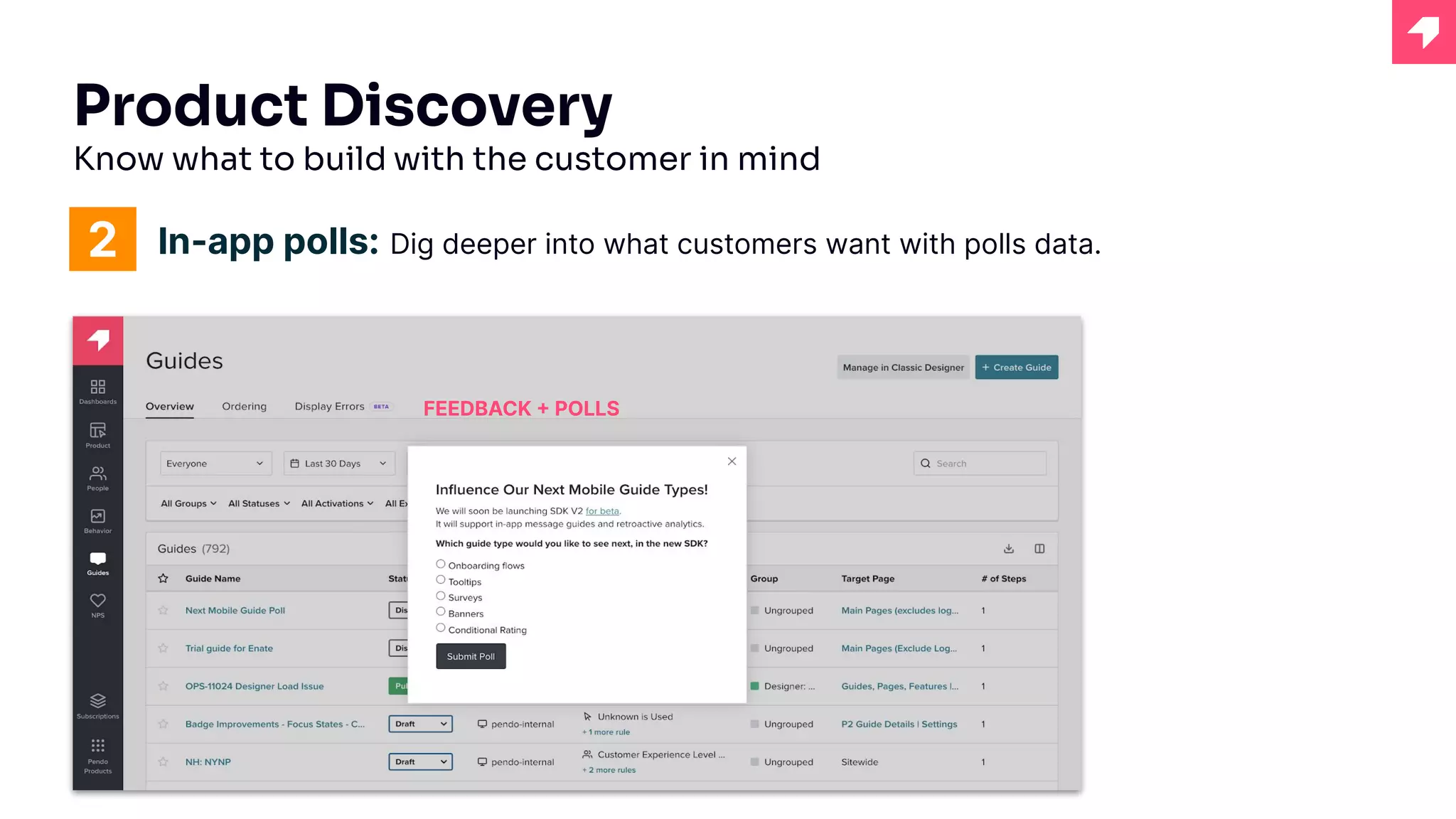 Product Discovery
Know what to build with the customer in mind
In-app polls: Dig deeper into what customers want with polls data.
FEEDBACK + POLLS
2
 