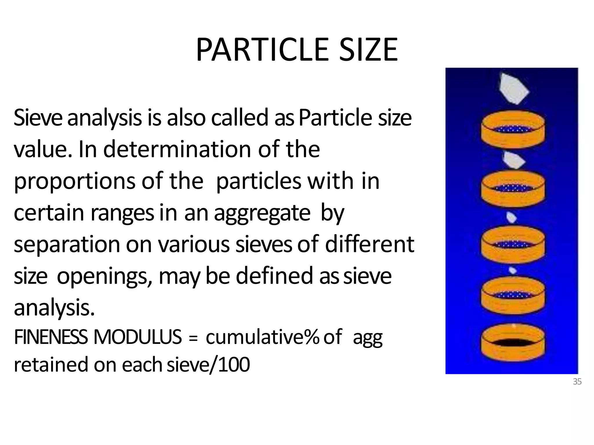 PARTICLE SIZE
35
Sieveanalysis is also called asParticle size
value. In determination of the
proportions of the particles with in
certain rangesin an aggregate by
separation on various sievesof different
size openings, maybe defined assieve
analysis.
FINENESS MODULUS = cumulative%of agg
retained on eachsieve/100
 