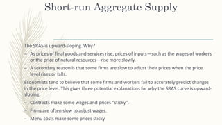 Short-run Aggregate Supply
The SRAS is upward-sloping. Why?
– As prices of final goods and services rise, prices of inputs—such as the wages of workers
or the price of natural resources—rise more slowly.
– A secondary reason is that some firms are slow to adjust their prices when the price
level rises or falls.
Economists tend to believe that some firms and workers fail to accurately predict changes
in the price level. This gives three potential explanations for why the SRAS curve is upward-
sloping:
– Contracts make some wages and prices “sticky”.
– Firms are often slow to adjust wages.
– Menu costs make some prices sticky.
 