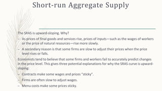 Short-run Aggregate Supply
The SRAS is upward-sloping. Why?
– As prices of final goods and services rise, prices of inputs—such as the wages of workers
or the price of natural resources—rise more slowly.
– A secondary reason is that some firms are slow to adjust their prices when the price
level rises or falls.
Economists tend to believe that some firms and workers fail to accurately predict changes
in the price level. This gives three potential explanations for why the SRAS curve is upward-
sloping:
– Contracts make some wages and prices “sticky”.
– Firms are often slow to adjust wages.
– Menu costs make some prices sticky.
 