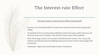 The Interest-rate Effect
The way a change in the price level affects investment (I)
– As prices rise, households & firms need more money to finance their buying and
selling.
– Households & firms can borrow & withdraw funds from banks and/or they can sell
financial assets such as bonds. They do this to have more funds available.
– With this though, there is an increase in the demand for money. This causes the
interest rate (the price/cost of holding money) to increase and this discourages firm
investment.
– Implication: higher price level leads to lower investment.
 