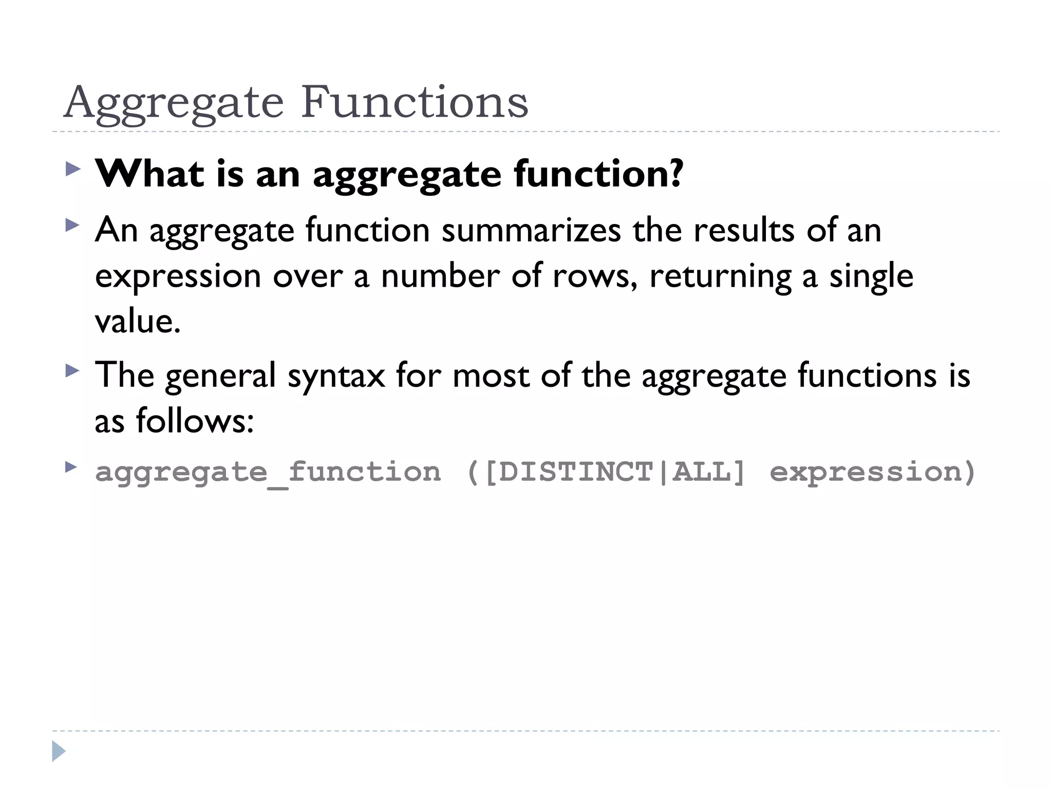 PHP mysql Aggregate functions | PPT