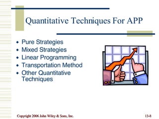 Quantitative Techniques For APP Pure Strategies Mixed Strategies Linear Programming Transportation Method Other Quantitative Techniques 