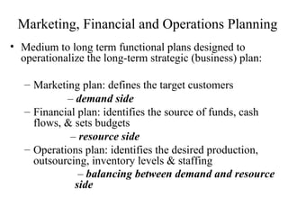 Marketing, Financial and Operations Planning Medium to long term functional plans designed to operationalize the long-term strategic (business) plan: Marketing plan: defines the target customers  –  demand side Financial plan: identifies the source of funds, cash flows, & sets budgets  –  resource side     Operations plan: identifies the desired production, outsourcing, inventory levels & staffing  –  balancing between demand and resource side   