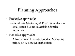 Planning Approaches Proactive approach: Coordinate Marketing & Production plans to level demand using advertising & price incentives Reactive approach: Allow volume forecasts based on Marketing plan to drive production planning 