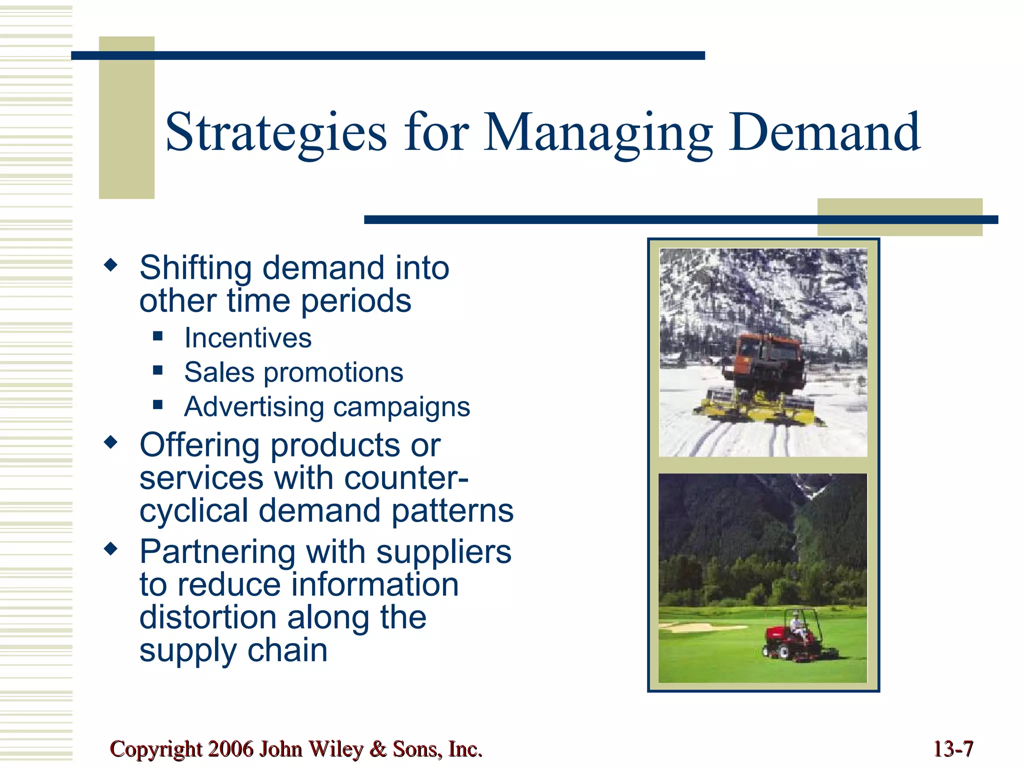 Strategies for Managing Demand Shifting demand into other time periods Incentives Sales promotions Advertising campaigns Offering products or services with counter-cyclical demand patterns Partnering with suppliers to reduce information distortion along the supply chain 