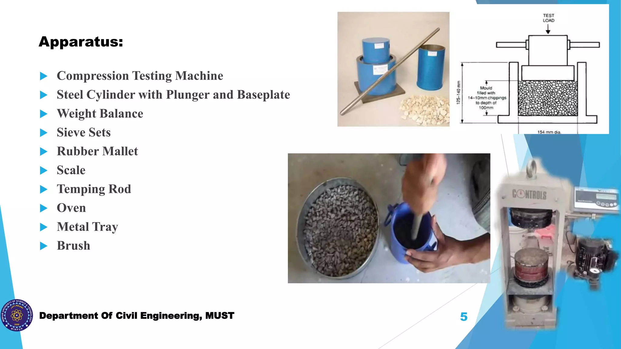 Department Of Civil Engineering, MUST
Apparatus:
 Compression Testing Machine
 Steel Cylinder with Plunger and Baseplate
 Weight Balance
 Sieve Sets
 Rubber Mallet
 Scale
 Temping Rod
 Oven
 Metal Tray
 Brush
5
 