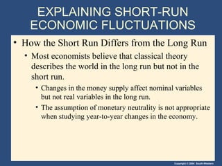 Copyright © 2004 South-Western
EXPLAINING SHORT-RUN
ECONOMIC FLUCTUATIONS
• How the Short Run Differs from the Long Run
• Most economists believe that classical theory
describes the world in the long run but not in the
short run.
• Changes in the money supply affect nominal variables
but not real variables in the long run.
• The assumption of monetary neutrality is not appropriate
when studying year-to-year changes in the economy.
 