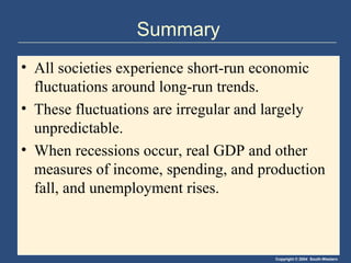 Copyright © 2004 South-Western
Summary
• All societies experience short-run economic
fluctuations around long-run trends.
• These fluctuations are irregular and largely
unpredictable.
• When recessions occur, real GDP and other
measures of income, spending, and production
fall, and unemployment rises.
 