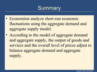 Copyright © 2004 South-Western
Summary
• Economists analyze short-run economic
fluctuations using the aggregate demand and
aggregate supply model.
• According to the model of aggregate demand
and aggregate supply, the output of goods and
services and the overall level of prices adjust to
balance aggregate demand and aggregate
supply.
 