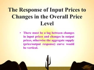 The Response of Input Prices to
Changes in the Overall Price
Level
• There must be a lag between changes
in input prices and changes in output
prices, otherwise the aggregate supply
(price/output response) curve would
be vertical.
 