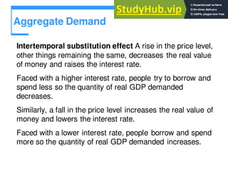 Aggregate Demand
Intertemporal substitution effect A rise in the price level,
other things remaining the same, decreases the real value
of money and raises the interest rate.
Faced with a higher interest rate, people try to borrow and
spend less so the quantity of real GDP demanded
decreases.
Similarly, a fall in the price level increases the real value of
money and lowers the interest rate.
Faced with a lower interest rate, people borrow and spend
more so the quantity of real GDP demanded increases.
 
