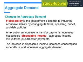 Aggregate Demand
Changes in Aggregate Demand
Fiscal policy is the government’s attempt to influence
economic activity by changing its taxes, spending, deficit,
and debt policies.
A tax cut or an increase in transfer payments increases
households’ disposable income—aggregate income
minus taxes plus transfer payments.
An increase in disposable income increases consumption
expenditure and increases aggregate demand.
 