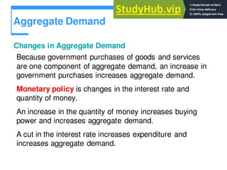 Aggregate Demand
Changes in Aggregate Demand
Because government purchases of goods and services
are one component of aggregate demand, an increase in
government purchases increases aggregate demand.
Monetary policy is changes in the interest rate and
quantity of money.
An increase in the quantity of money increases buying
power and increases aggregate demand.
A cut in the interest rate increases expenditure and
increases aggregate demand.
 