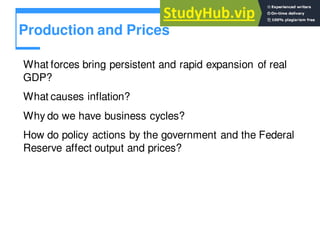 Production and Prices
What forces bring persistent and rapid expansion of real
GDP?
What causes inflation?
Why do we have business cycles?
How do policy actions by the government and the Federal
Reserve affect output and prices?
 