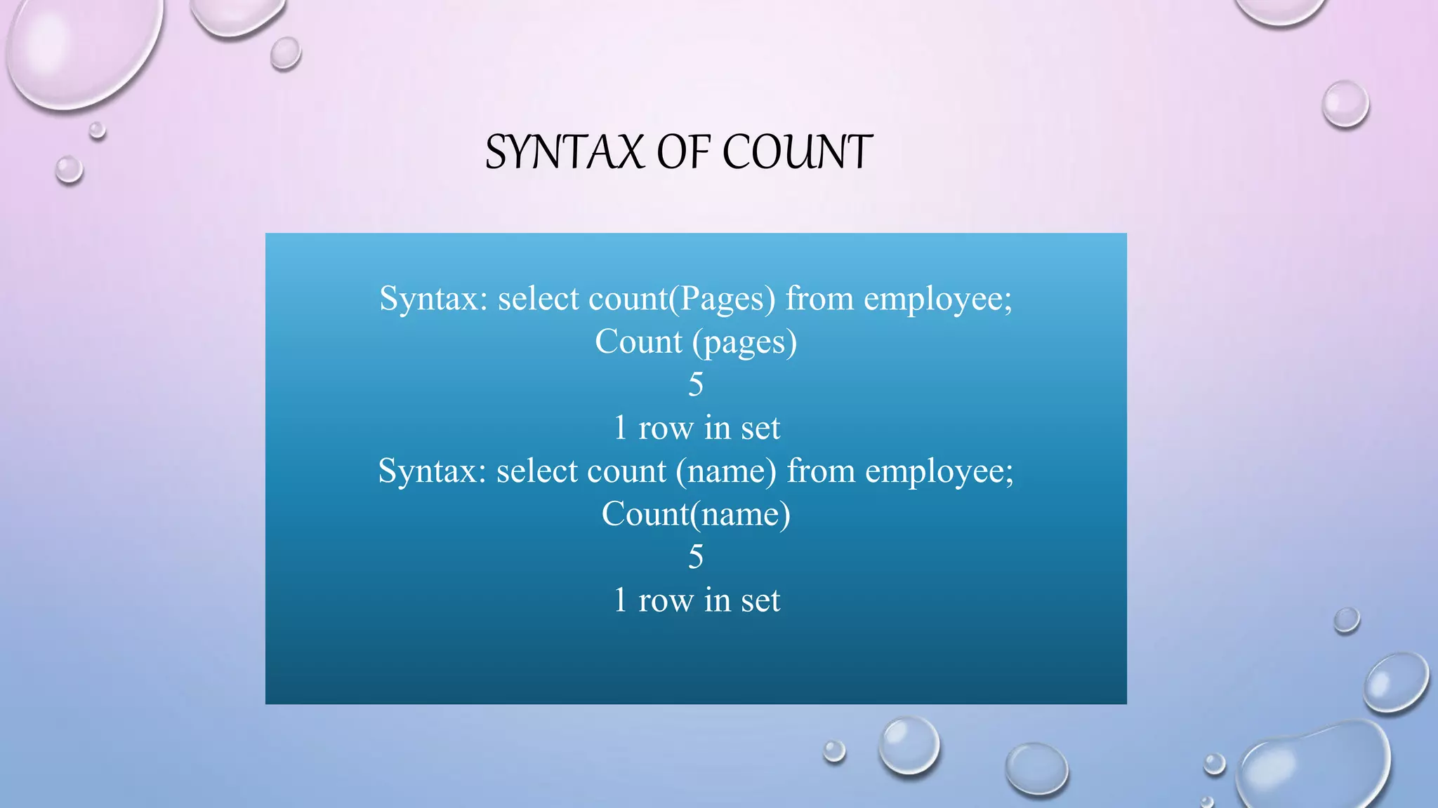 SYNTAX OF COUNT
Syntax: select count(Pages) from employee;
Count (pages)
5
1 row in set
Syntax: select count (name) from employee;
Count(name)
5
1 row in set
 