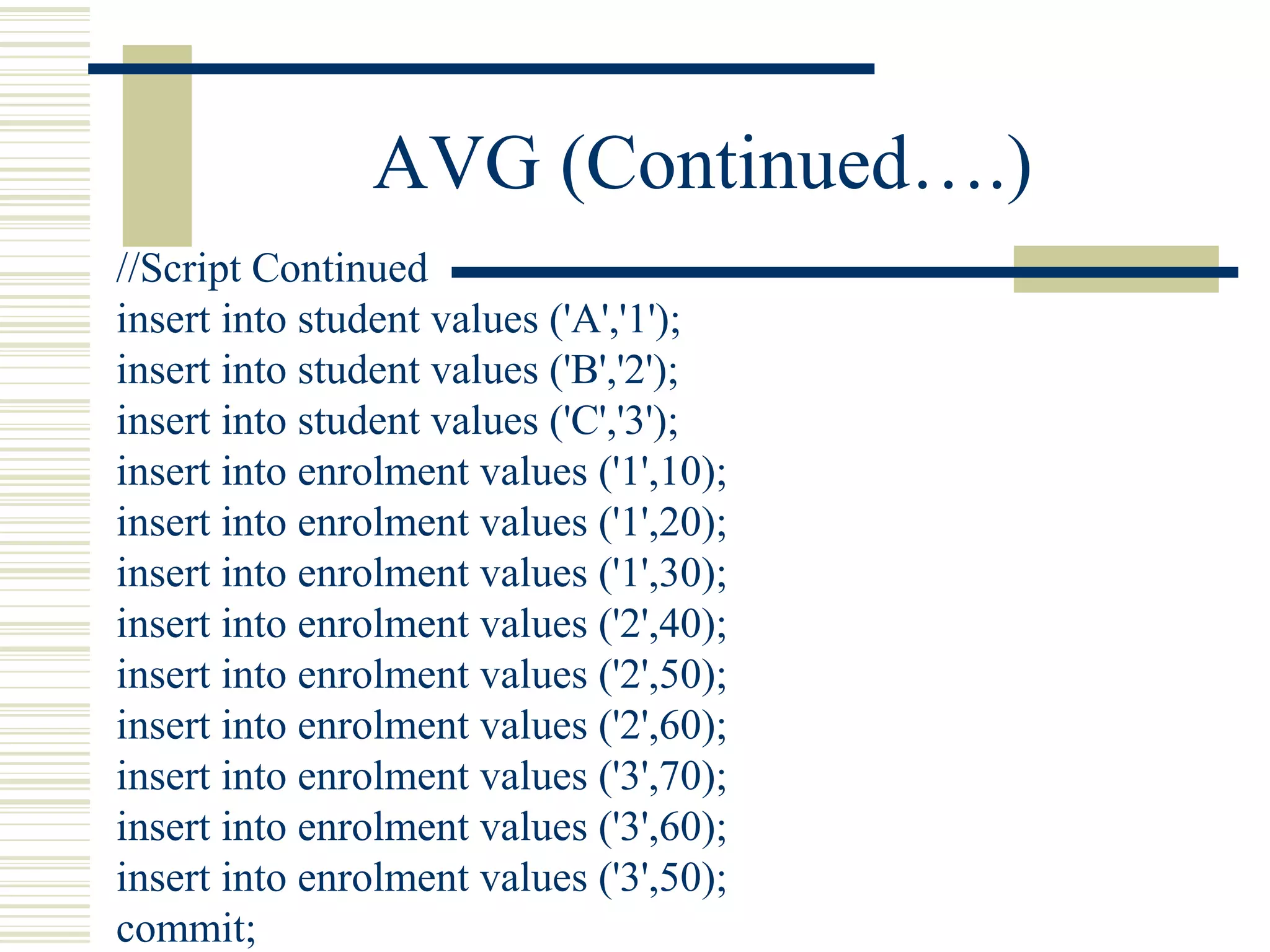 AVG (Continued….)
//Script Continued
insert into student values ('A','1');
insert into student values ('B','2');
insert into student values ('C','3');
insert into enrolment values ('1',10);
insert into enrolment values ('1',20);
insert into enrolment values ('1',30);
insert into enrolment values ('2',40);
insert into enrolment values ('2',50);
insert into enrolment values ('2',60);
insert into enrolment values ('3',70);
insert into enrolment values ('3',60);
insert into enrolment values ('3',50);
commit;
 