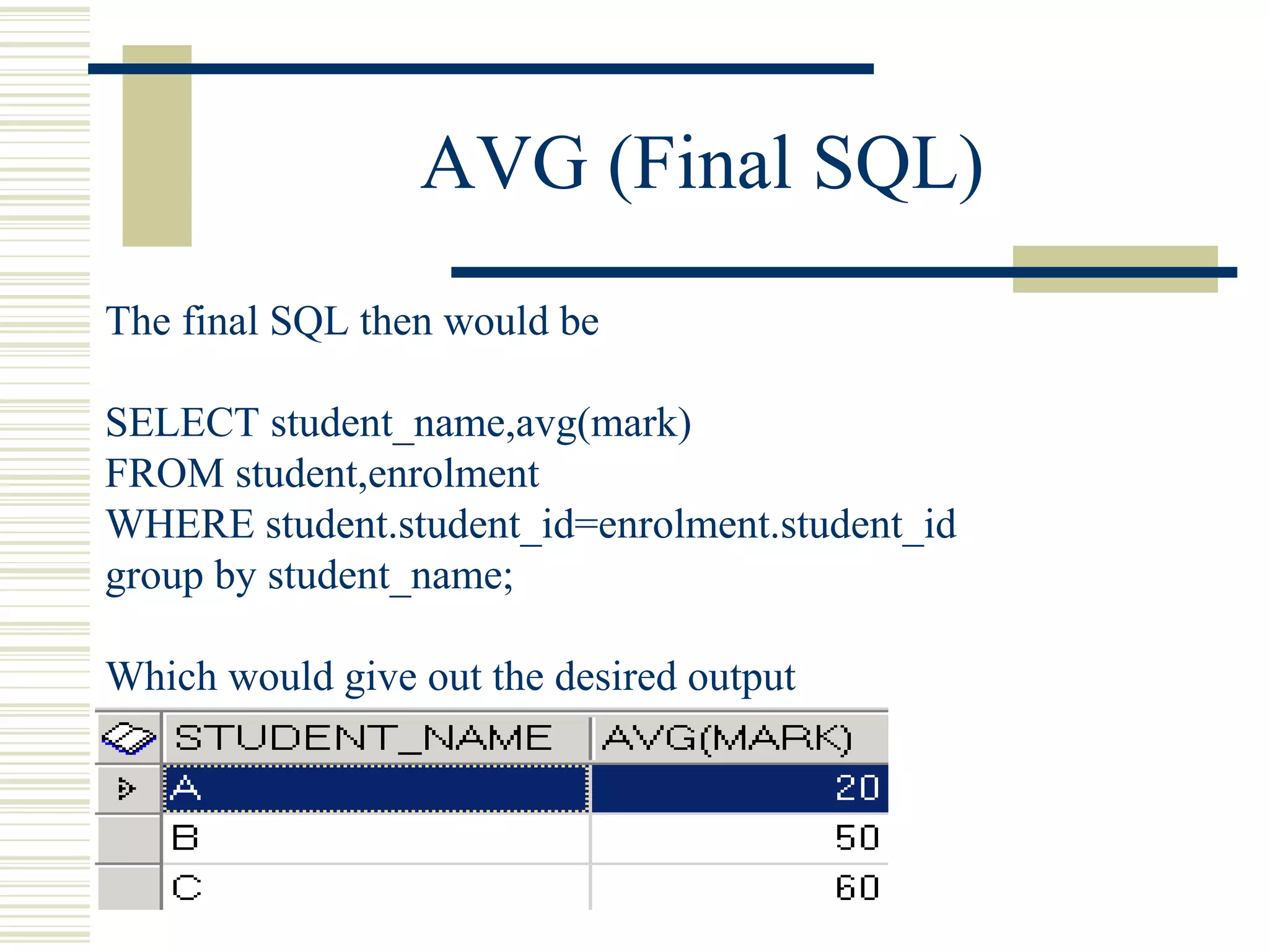 AVG (Final SQL)
The final SQL then would be
SELECT student_name,avg(mark)
FROM student,enrolment
WHERE student.student_id=enrolment.student_id
group by student_name;
Which would give out the desired output
 